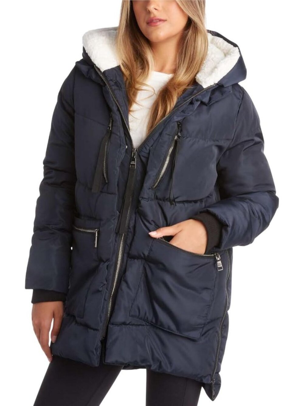 Steve Madden Women's Navy Cozy Faux Sherpa Hood Mid Length Puffer Jackets